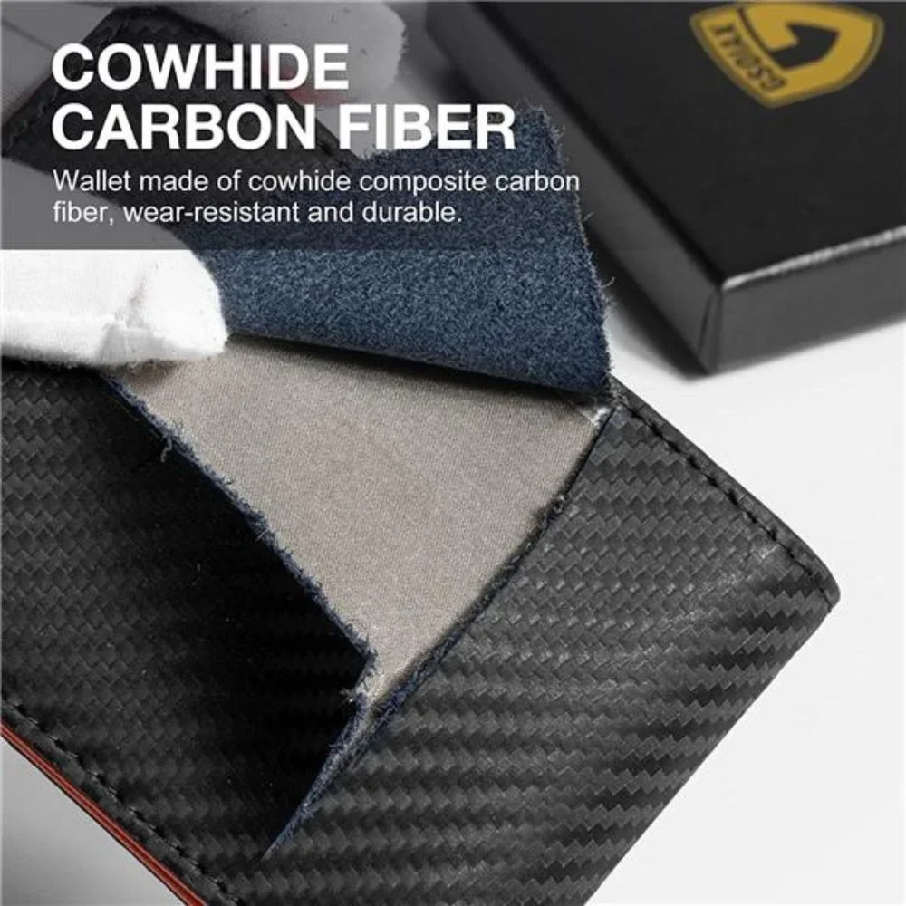 Mens Slim Wallet Minimalist Genuine Leather Carbon Fiber Rfid Blocking Orange
